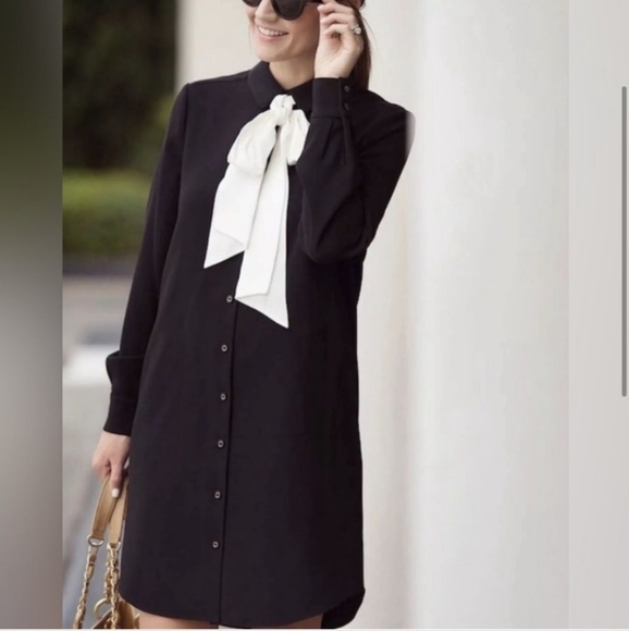 Kate Spade Black Crepe Long Sleeve Shirt Dress With White Silk Bow Tie Size 8 - Picture 1 of 6